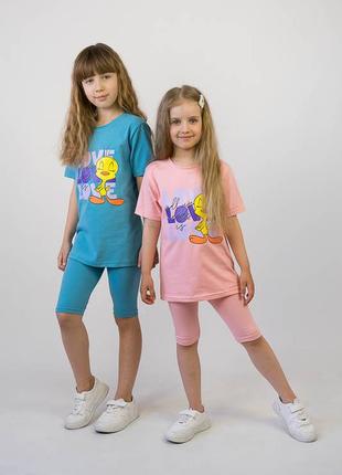 Летний легкий комплект для девочки футболка и тресы велосипедки, костюм летний десней, летний комплект костюм для девчонки дисней