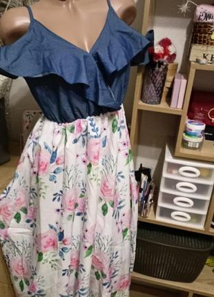 Нежный летний длинный сарафан в розы на плечах