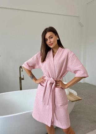 Жіночий халат кімоно вафельний, рожевий