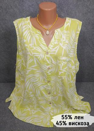Натуральна блуза (льон, віскоза) салатового кольору з білим квітковим принтом 54-56 розміру