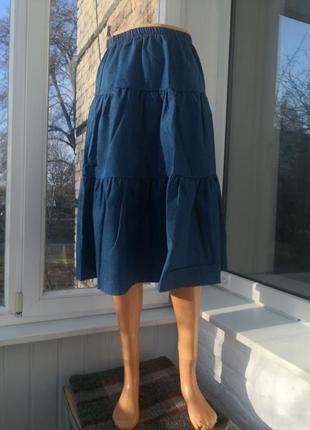 Джинсовая летняя юбка, ярусная юбка юбка миди юбка с воланами юбка на резинке