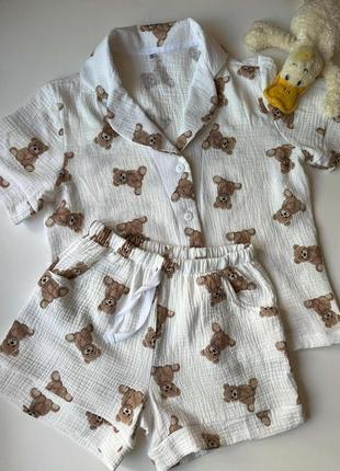 Жіноча муслінова піжама з шортами, ведмедики teddy