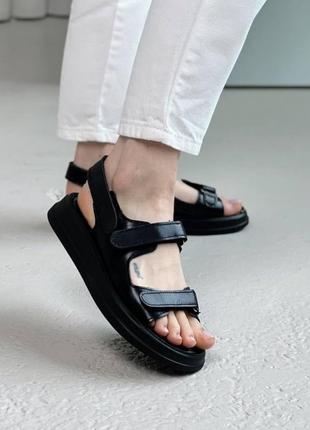 Черные женские босоножки сандалии на липучках из натуральной кожи кожаные босоножки сандалии с липучками