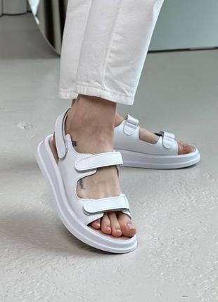 Белые женские босоножки сандалии на липучках из натуральной кожи кожаные босоножки сандалии с липучками