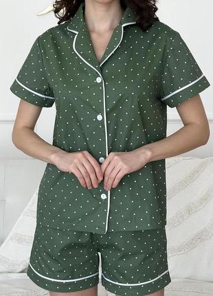 Жіночий домашній комплект з сатину cosy (шорти+сорочка) зелена в горошок