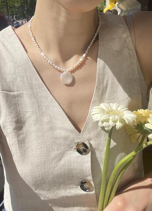 Намисто з натуральних перлів та срібла 925-ї проби з круглим кулоном в стилі бохо