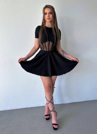 Черное короткое женское летнее платье с имитацией корсета