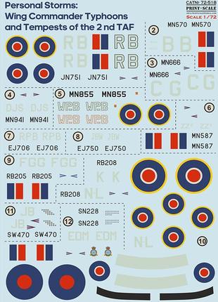 Print scale 72-518 wing commander typhoons and tempests of the 2 nd taf декаль для моделей, у масштабі 1:72