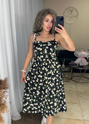 Сарафан миди женский летний платье на тонких бретельках приталенное а силуэта с резинкой черный синий красный жёлтый белый фисташка серый