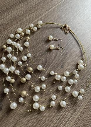 Ожерелье и серьги, фурнитура под золото, искусственные жемчужины