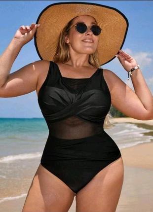 Моделирующий купальный костюм/ купальник shein swim curve plus с сетчатой вставкой 60-64р. черный