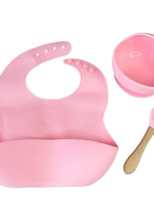 Набір дитячого посуду силіконова тарілка та слинявчик mgz-0110 (pink) у коробці