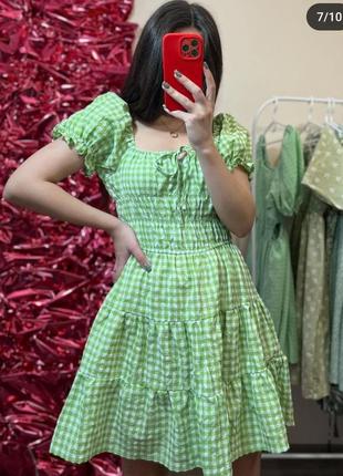 Летнее зеленое короткое платье сарафан в клеточку платье в клетку платье baby doll