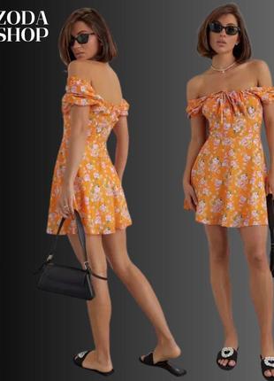 Жіноча літня сукня міні у квітковий принт. літня міні-сукня в квіточку з куліскою та зав'язками, помаранчева, 100% поліестер l