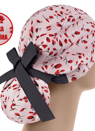 Медицинская шапочка шапка женская тканевая многоразовая принт тюльпаны