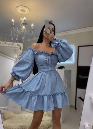 Муслиновое голубое платье мини из муслина хлопка 100% премиальное мини платье