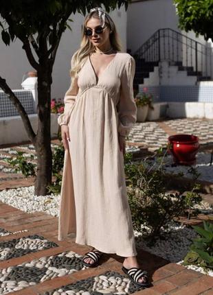 Бежевое женское длинное муслиновое платье женское повседневное прогулочное платье макси свободного кроя из муслина