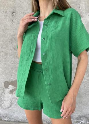 "удобство и нежность: костюм для женщин из муслина - рубашка и шорты (100% хлопок)2 фото