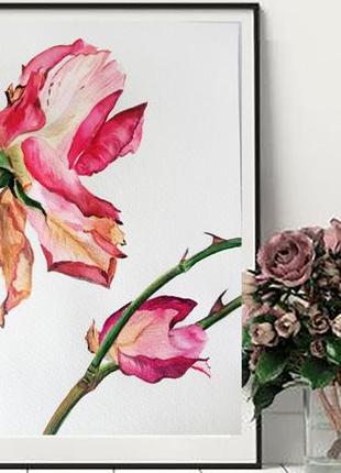 Картина акварель 24х31 см увядающая роза