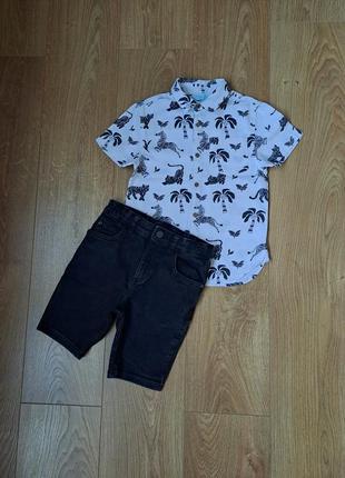 Летний набор для мальчика/черные джинсовые шорты/белая нарядная рубашка с коротким рукавом для мальчика
