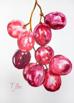 Картина акварель 15х24 см гроздь винограда