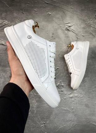 Чоловічі шкіряні кеди з логотипом philipp plein, білі кеди натуральна шкіра перфорація6 фото