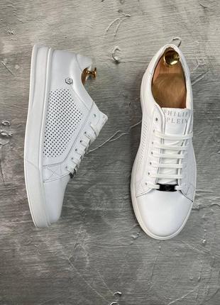 Чоловічі шкіряні кеди з логотипом philipp plein, білі кеди натуральна шкіра перфорація8 фото
