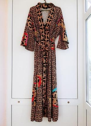 Платье женское бежевое коричневое разноцветное принт макси