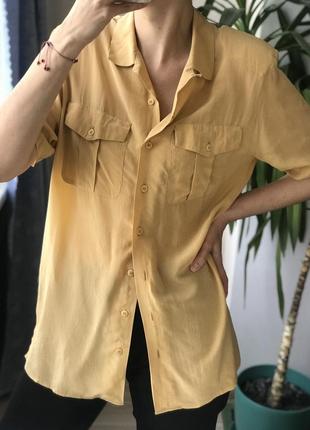 Шовкова вінтажна сорочка жовтого гірчичного теплого кольору винтаж шелковая блуза