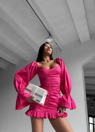 Малинова сукня міні зі зборками xs s m l 42 44 46 48 вечірнє коротке плаття міні фуксія