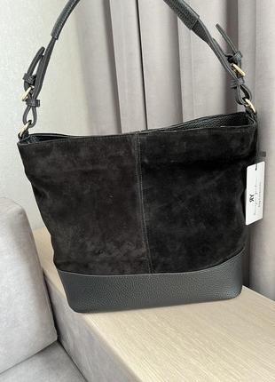 Вместительная черная женская сумка ковш из искусственной замши