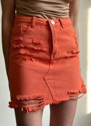 Джинсовая мини юбка оранжевая коралловая размер s