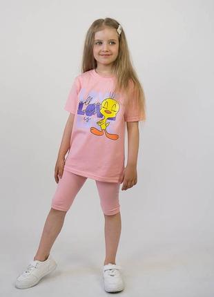 4 кольори🌈летний комплект футболка и велосипедки, летний комплект футболка и трессы, розовый комплект для девушек, красивый костюм летний