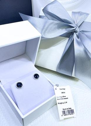 Срібні сережки гвоздики на закрутці коло з чорною емаллю стильне класичне мінімалізм срібло пробу 925 нове з биркою