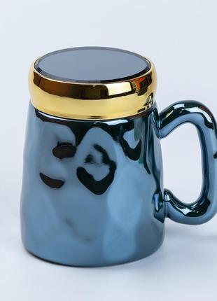 Чашка с крышкой 450 мл керамическая в зеркальной глазури синяя