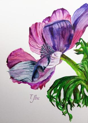 Картина акварель 15х21 см фіолетова квітка анімони
