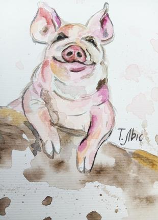 Картина акварель 15х21 см весёлая свинка