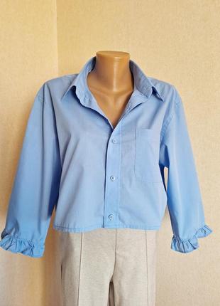 Голубая базовая укороченная рубашка кроп-топ хлопок рубашка рубаха блуза блузка апсайклинг upcycling