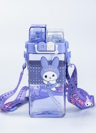 Детская бутылка для воды с трубочкой 500 мл многоразовая с ремешком фиолетовая