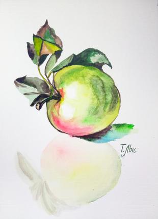 Картина акварель 15х21 см зелене яблуко