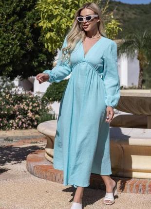 Платье миди муслиновое женское в стиле бохо свободное с v декольте чёрное белое голубое персиковое зелёное мокко розовое хлопок муслин для беременных