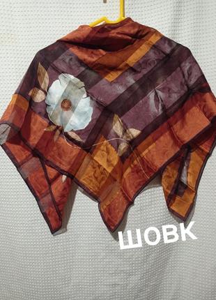 Ро3. шелковый жаккардовый шикарный коричневый женский платок шелк шёлк шёлковый жаккард