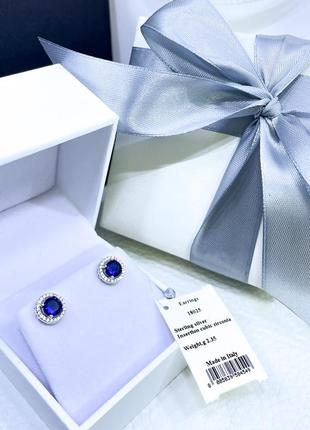 Серебряные серьги сережки пусетты гвоздики круг с синим камнем камешки стильное классическое минимализм серебро проба 925 новое с биркой