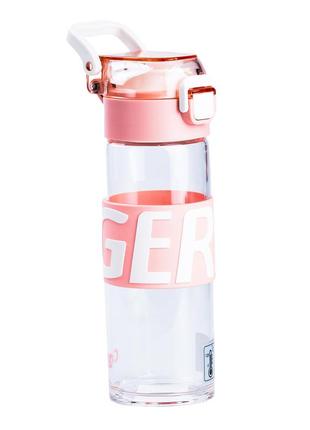 Бутылка для воды 460 (мл) стеклянная прозрачная с пластиковой крышкой  22 (см) спортивная розовый