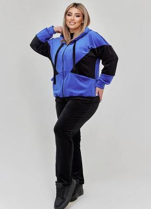 Жіночий весняний спортивний костюм велюровий із худі на блискавці, 50-56 розмір!