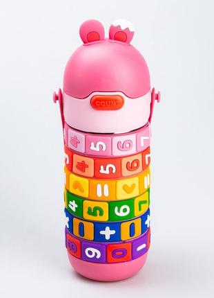 Термос для девочки 430 (мл) интерактивный развивающий с цифрами 24 (см) с ручкой и с трубочкой розовый