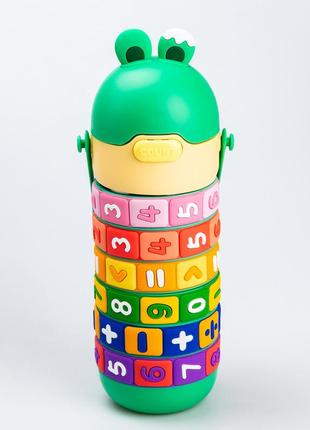 Термос для ребенка 430 (мл) интерактивный развивающий с цифрами 24 (см) с ручкой и с трубочкой зеленый