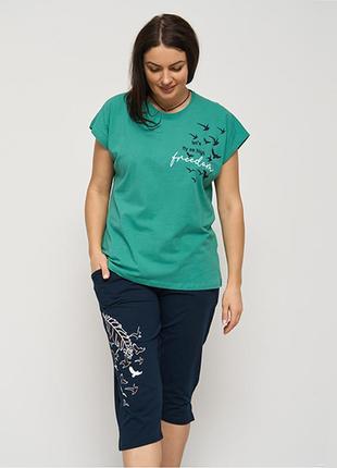 Пижама женская бриджи и футболка зеленая птицы 15344