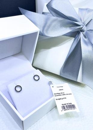 Серебряные серьги сережки пусеты гвоздики круг с черными камнями стильное классическое минимализм серебро проба 925 новое с биркой