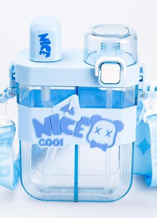 Бутылочка для воды с трубочкой 620 мл многоразовая с ремешком синяя